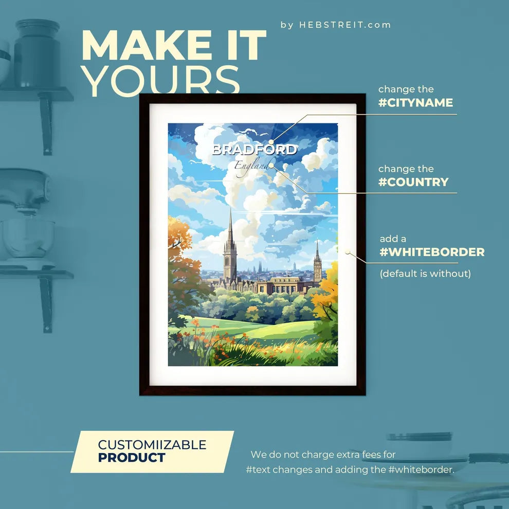 Bradford England Skyline - A Landscape Of A City With Trees And A Building - Customizable Travel Gift Default Title