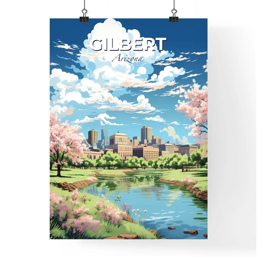 Gilbert Arizona Skyline - A Landscape Of A Park With A River And Trees And A City In The Background - Customizable Travel Gift Default Title