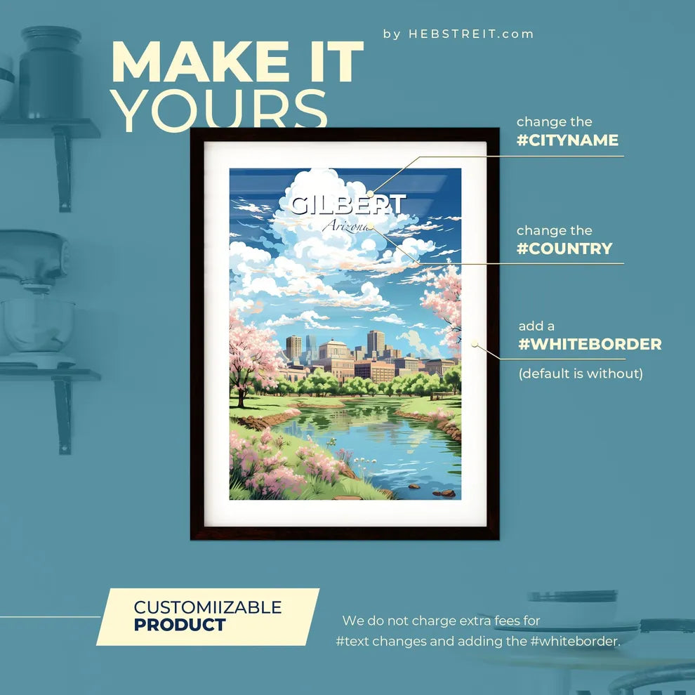 Gilbert Arizona Skyline - A Landscape Of A Park With A River And Trees And A City In The Background - Customizable Travel Gift Default Title