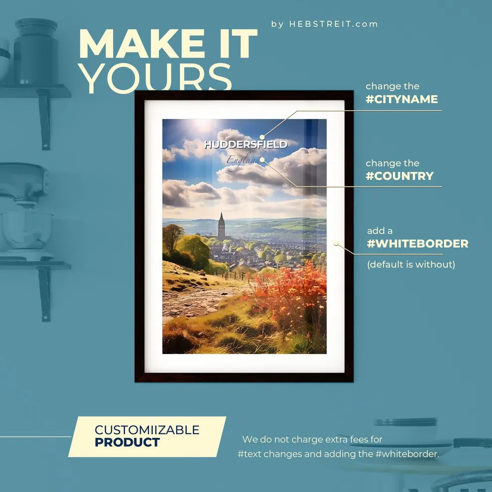 Huddersfield England Skyline - A Landscape With A Hill And A Church Tower - Customizable Travel Gift Default Title