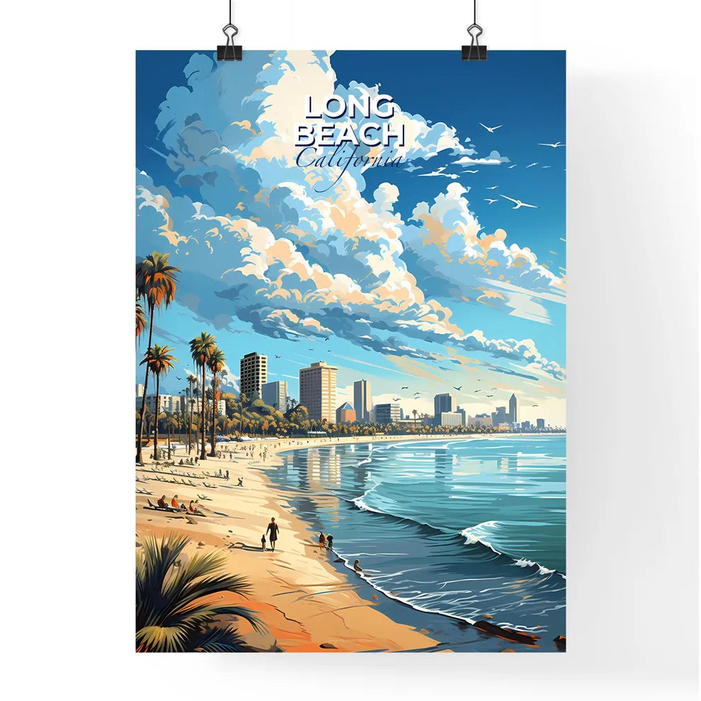 Long Beach California Skyline - A Beach With Palm Trees And A City In The Background - Customizable Travel Gift Default Title