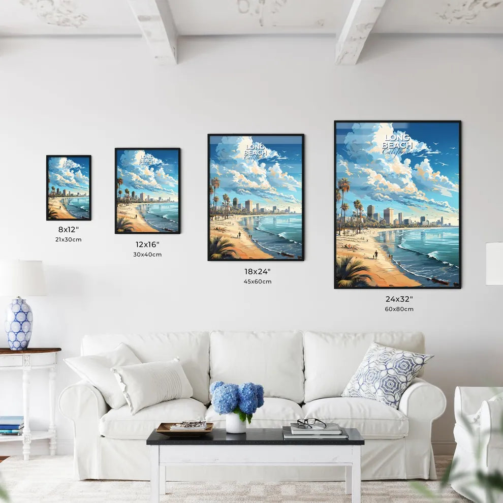 Long Beach California Skyline - A Beach With Palm Trees And A City In The Background - Customizable Travel Gift Default Title