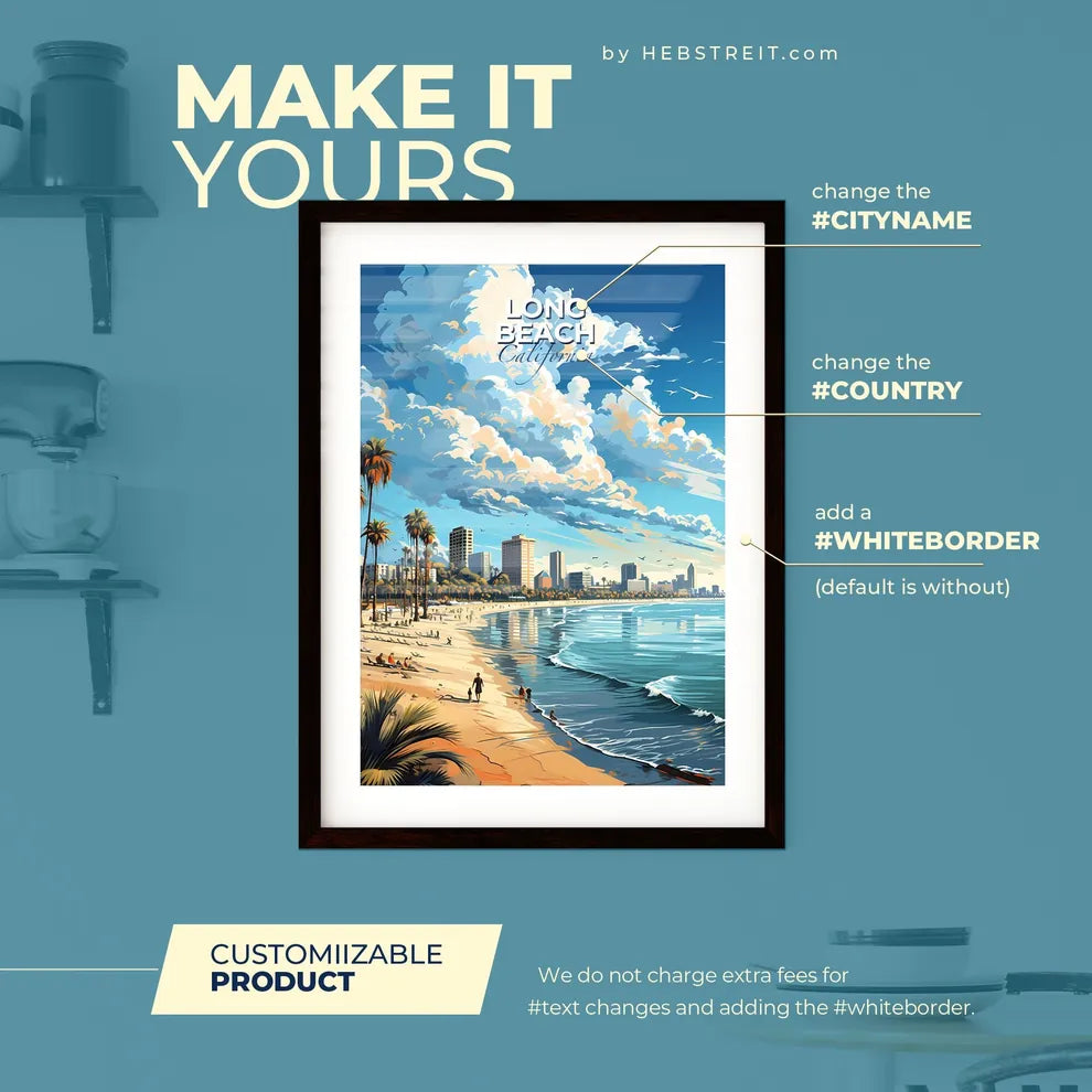 Long Beach California Skyline - A Beach With Palm Trees And A City In The Background - Customizable Travel Gift Default Title