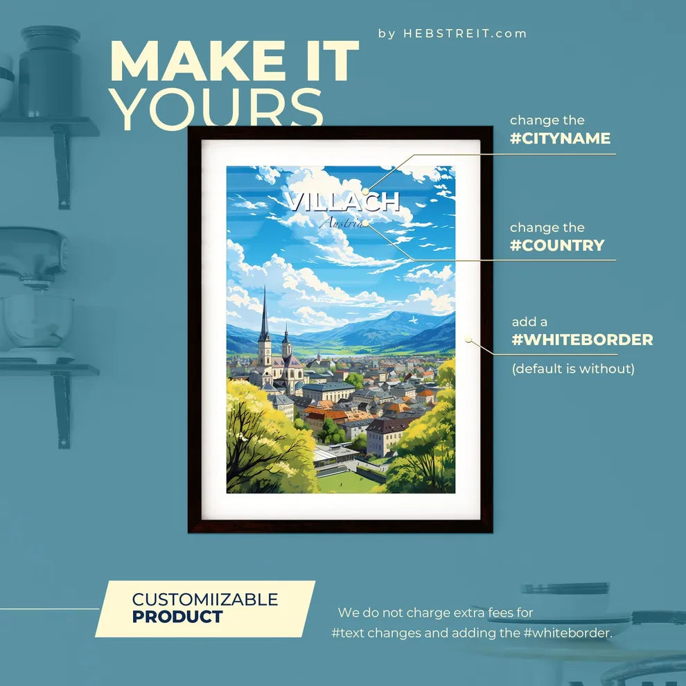 Villach Austria Skyline - A City With A Steeple And Trees - Customizable Travel Gift Default Title