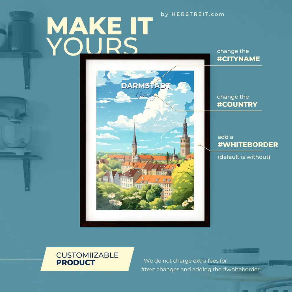 Darmstadt Hesse Germany Skyline - A City With Trees And Buildings - Customizable Travel Gift Default Title