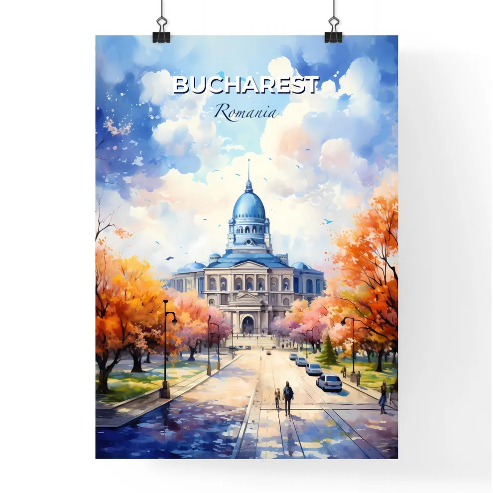 Bucharest Romania Skyline - A Painting Of A Building With Trees And Cars - Customizable Travel Gift Default Title