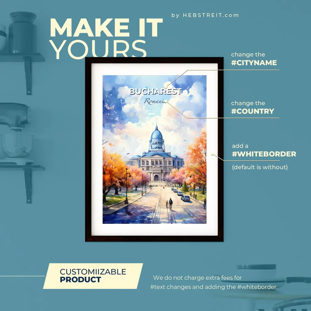 Bucharest Romania Skyline - A Painting Of A Building With Trees And Cars - Customizable Travel Gift Default Title