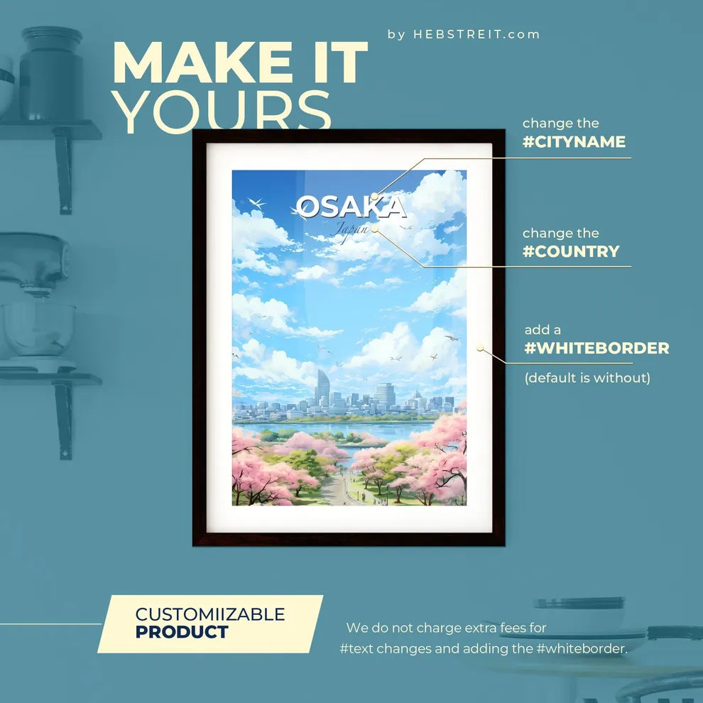 Osaka Japan Skyline - A City With Pink Flowers And Birds Flying Over Water - Customizable Travel Gift Default Title