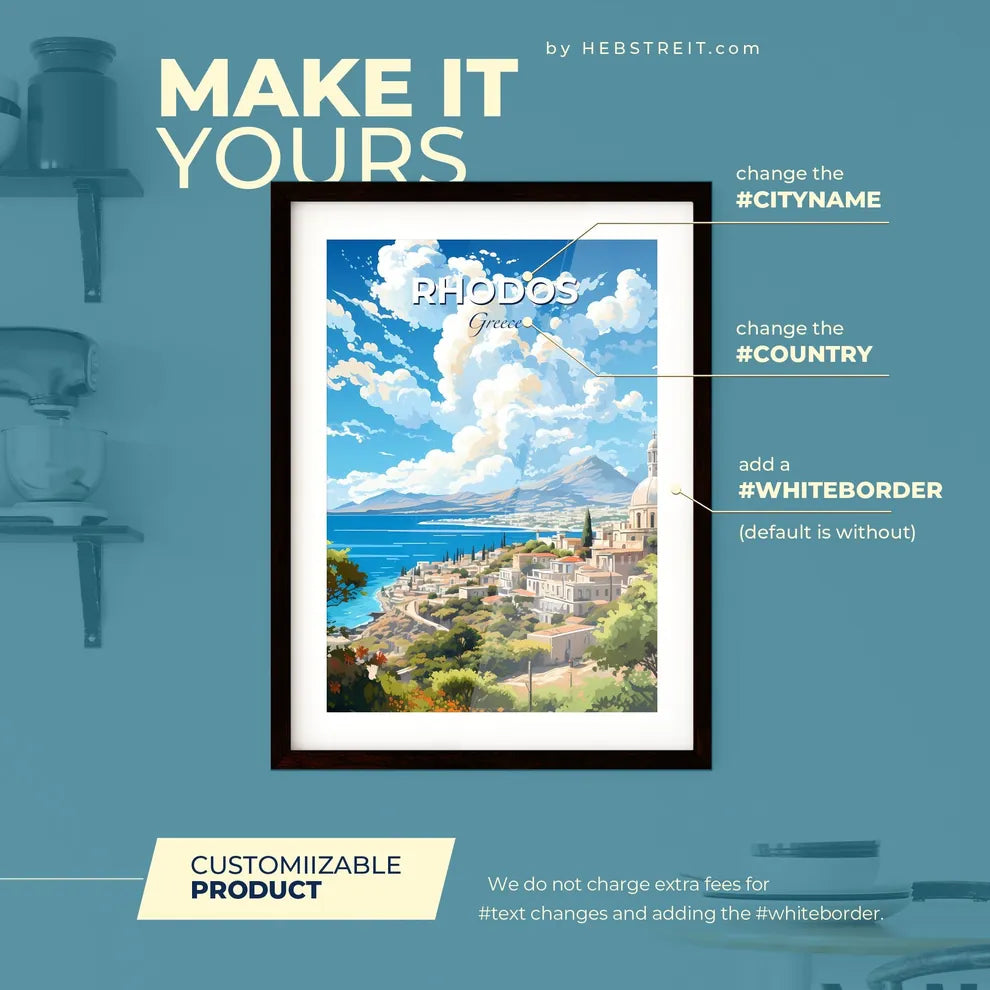 Rhodos Greece Skyline - A Landscape Of A Town By The Water - Customizable Travel Gift Default Title