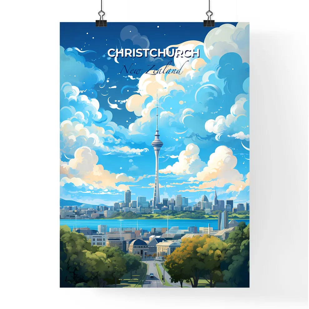 Christchurch New Zealand Skyline - A City Landscape With A Tall Tower And A Body Of Water - Customizable Travel Gift Default Title