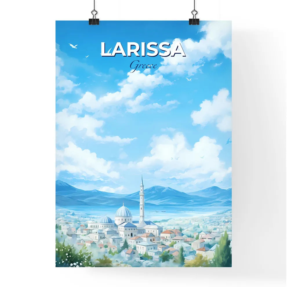 Larissa Greece Skyline - A City With A Tower And Mountains In The Background - Customizable Travel Gift Default Title