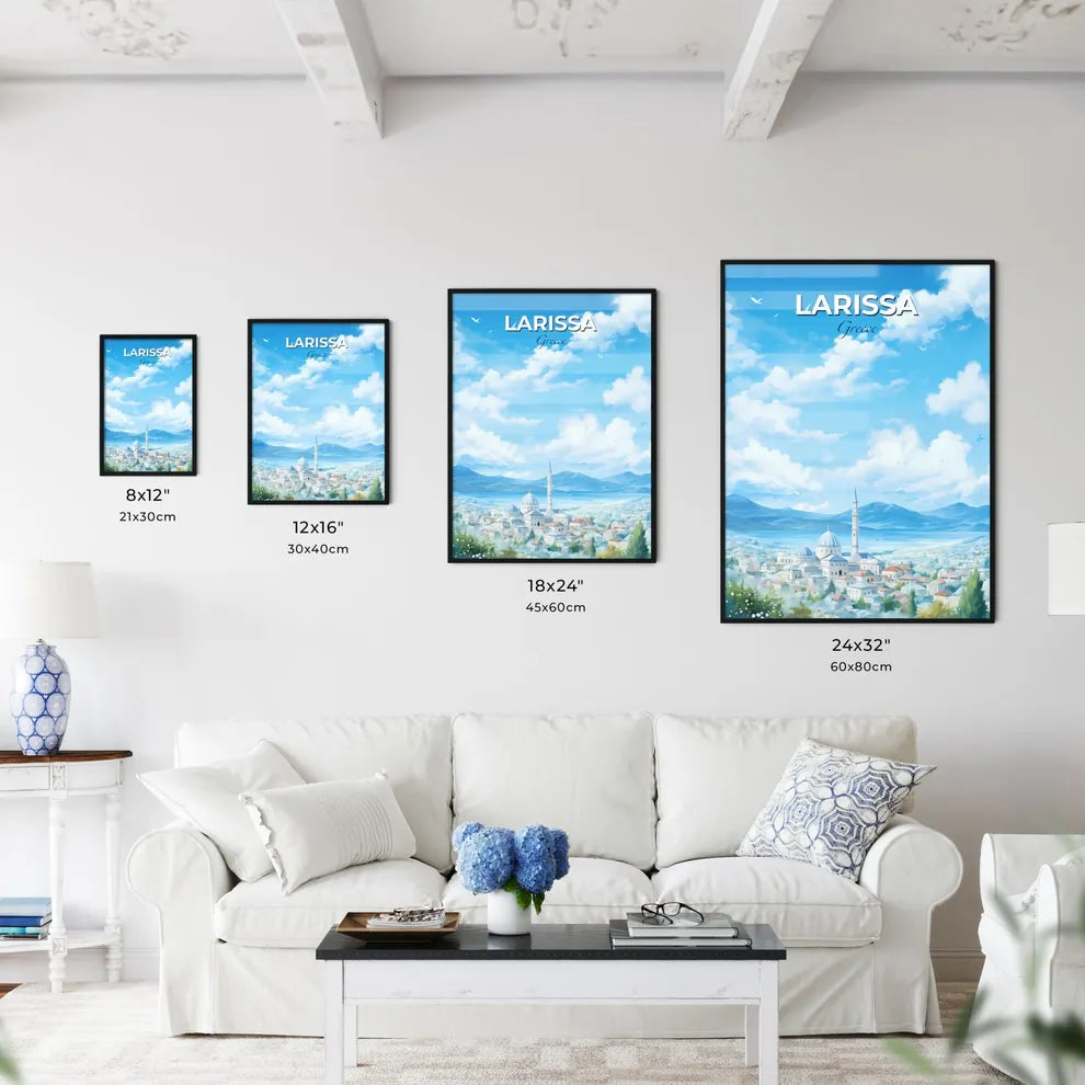 Larissa Greece Skyline - A City With A Tower And Mountains In The Background - Customizable Travel Gift Default Title