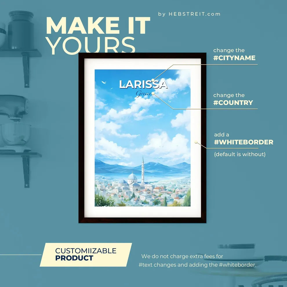 Larissa Greece Skyline - A City With A Tower And Mountains In The Background - Customizable Travel Gift Default Title