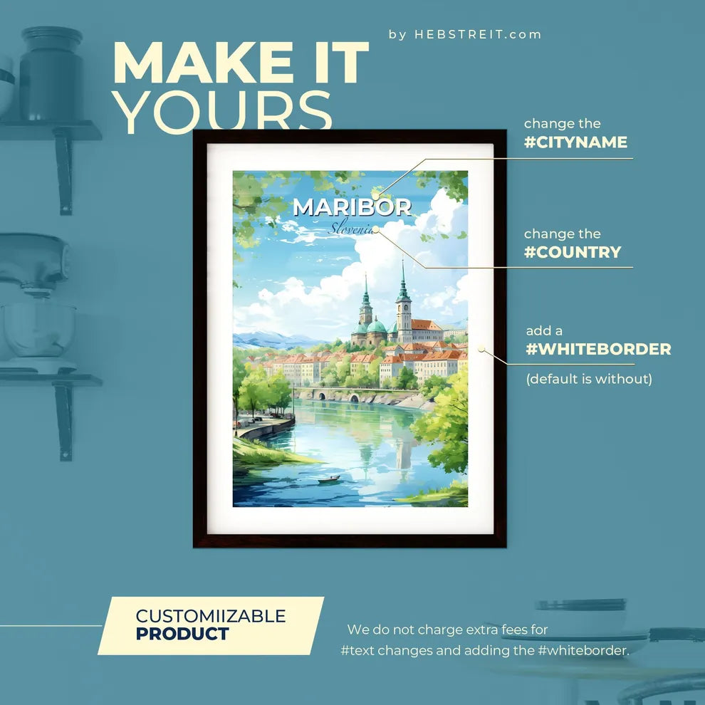 Maribor Slovenia Skyline - A River With Trees And Buildings In The Background - Customizable Travel Gift Default Title