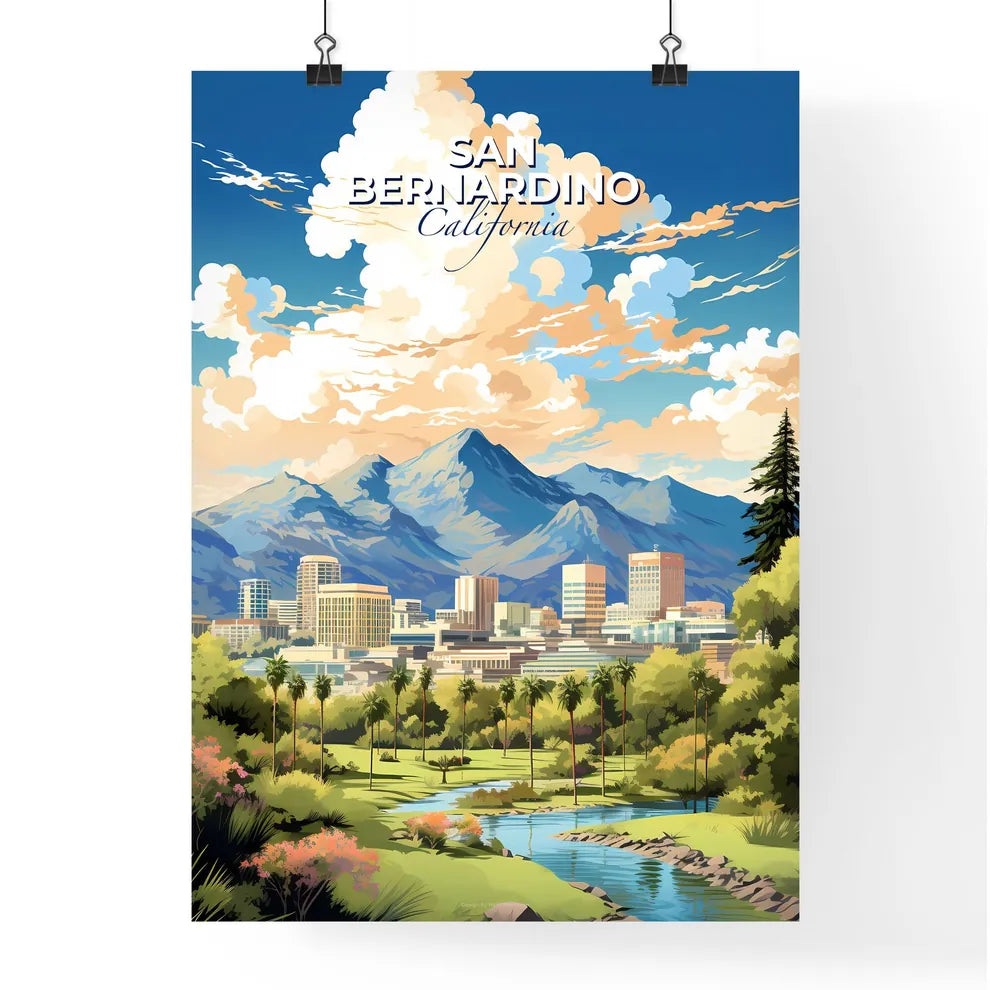 San Bernardino California Skyline - A Landscape Of A City With Trees And Mountains In The Background - Customizable Travel Gift Default Title