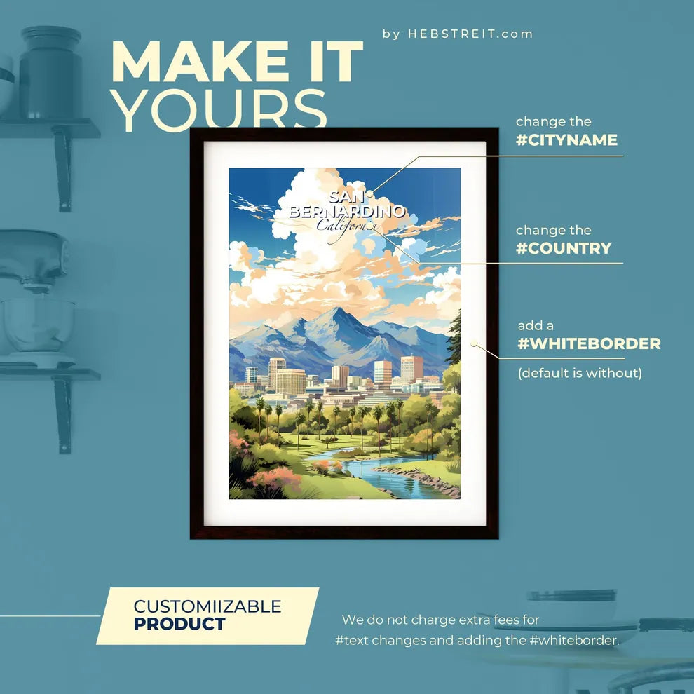 San Bernardino California Skyline - A Landscape Of A City With Trees And Mountains In The Background - Customizable Travel Gift Default Title