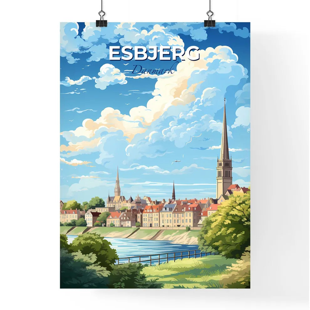 Esbjerg Danmark Skyline - A Landscape Of A City With A River And Trees - Customizable Travel Gift Default Title