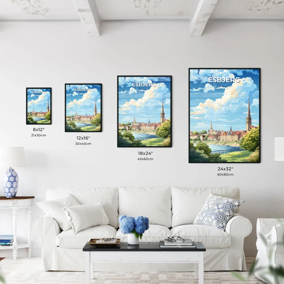 Esbjerg Danmark Skyline - A Landscape Of A City With A River And Trees - Customizable Travel Gift Default Title