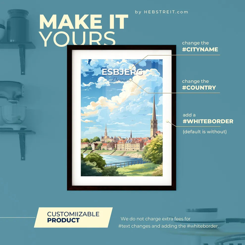 Esbjerg Danmark Skyline - A Landscape Of A City With A River And Trees - Customizable Travel Gift Default Title