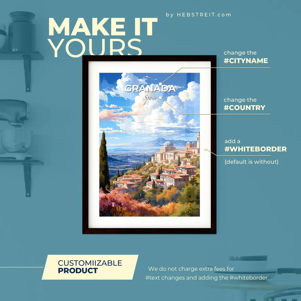 Granada Spain Skyline - A Landscape Of A Town With Trees And Mountains - Customizable Travel Gift Default Title