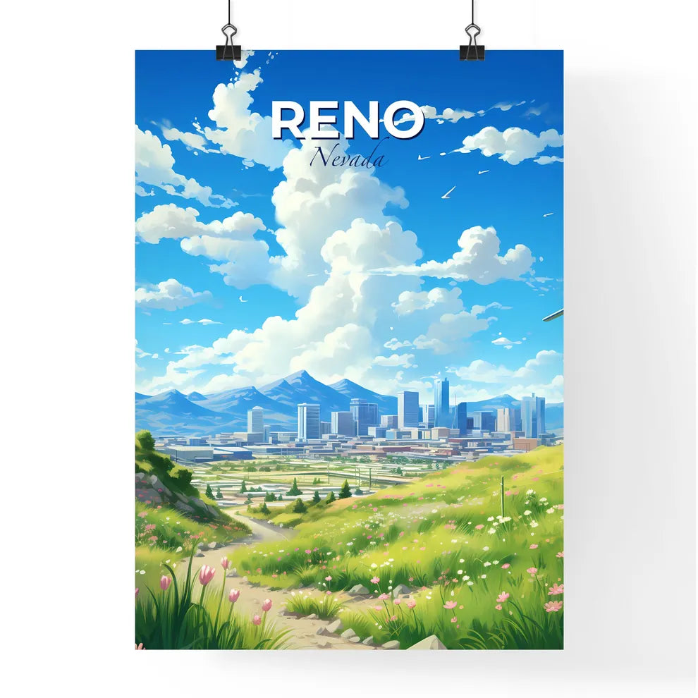 Reno Nevada Skyline - A Grassy Hill With A City In The Background - Customizable Travel Gift Default Title
