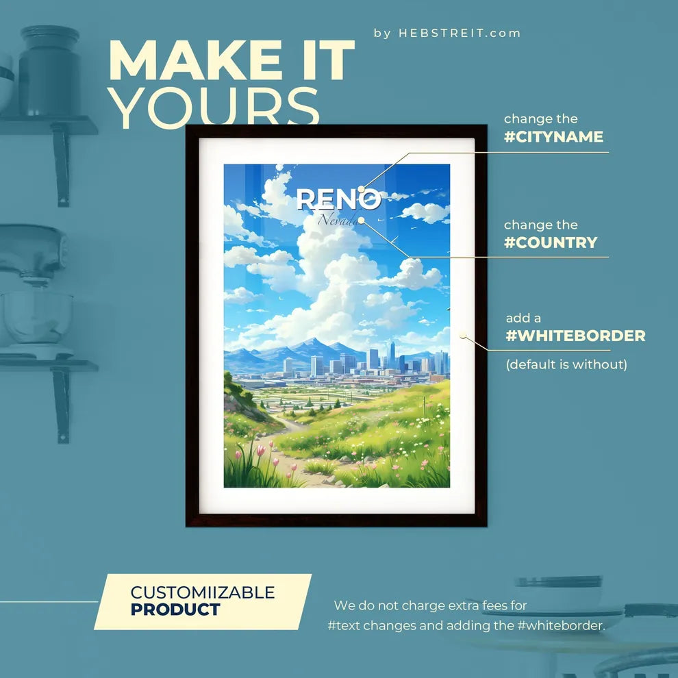 Reno Nevada Skyline - A Grassy Hill With A City In The Background - Customizable Travel Gift Default Title