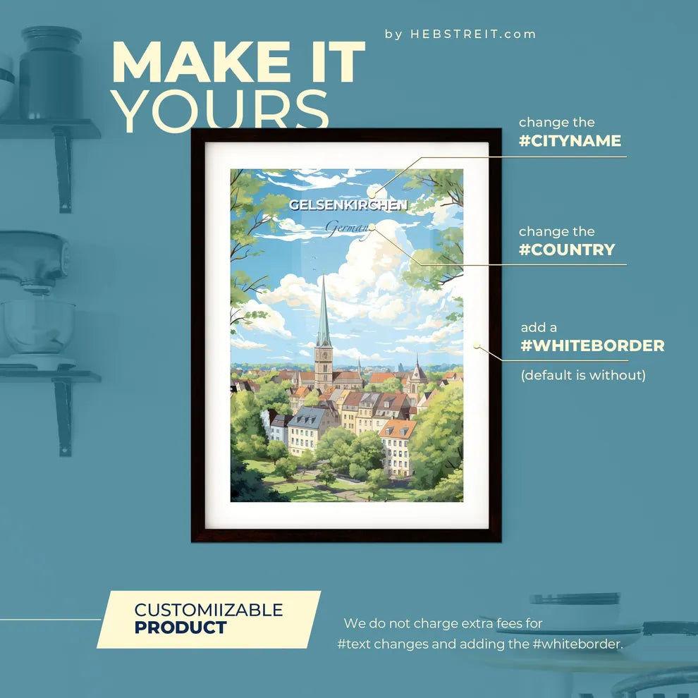 Gelsenkirchen Germany Skyline - A City With A Steeple And Trees - Customizable Travel Gift Default Title