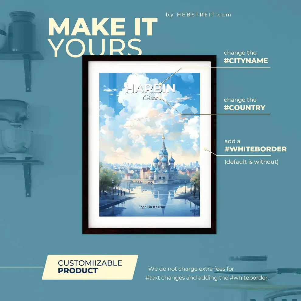 Harbin China Skyline - A Castle With Blue Domes And A River In Front - Customizable Travel Gift Default Title