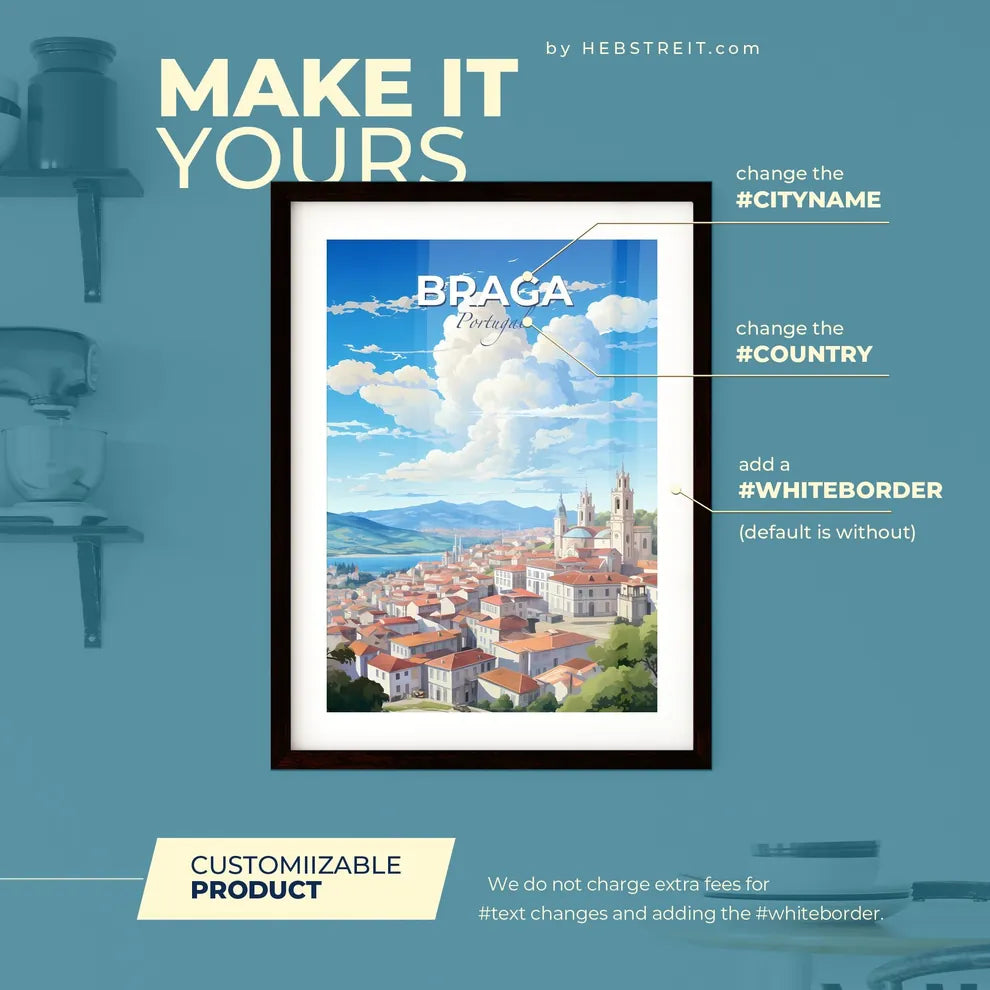 Braga Portugal Skyline - A City With Red Roofs And A Church - Customizable Travel Gift Default Title