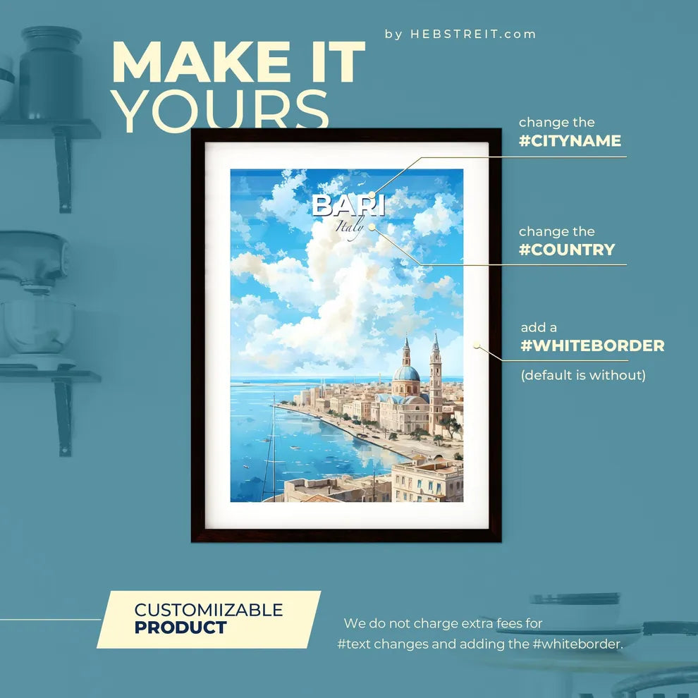 Bari Italy Skyline - A City With A Body Of Water And A Blue Sky With Clouds - Customizable Travel Gift Default Title