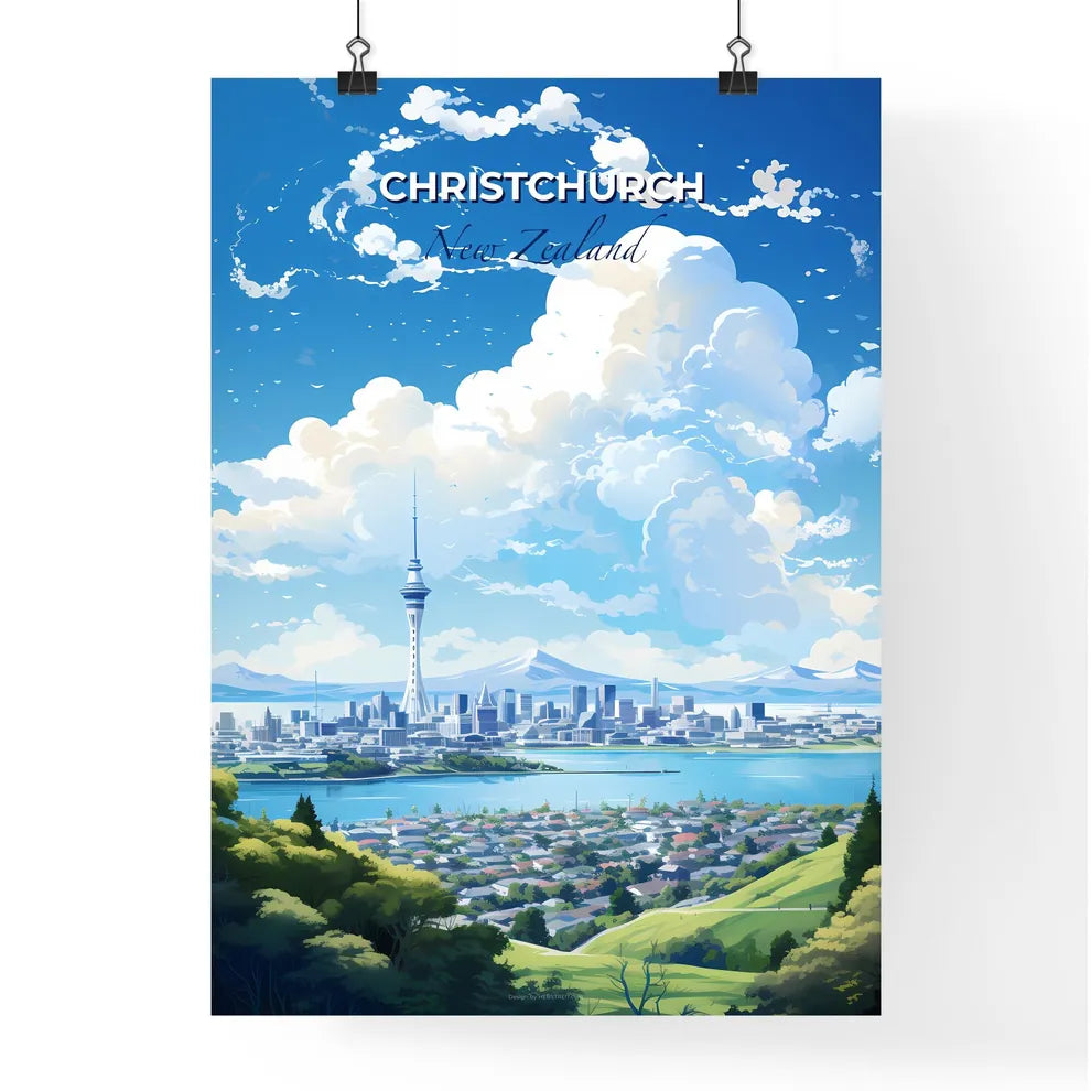 Christchurch New Zealand Skyline - A City Landscape With A Tall Tower And A Body Of Water - Customizable Travel Gift Default Title