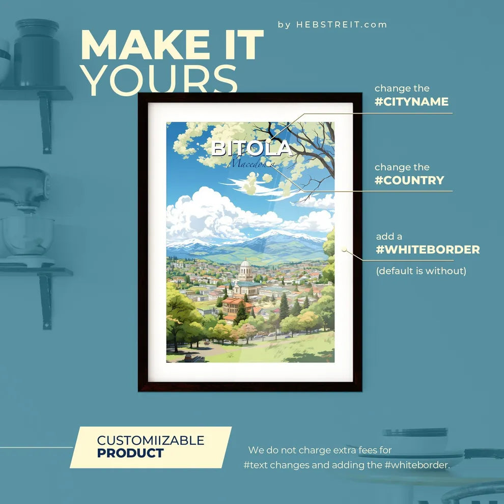 Bitola Macedonia Skyline - A Landscape Of A Town With Trees And Mountains In The Background - Customizable Travel Gift Default Title