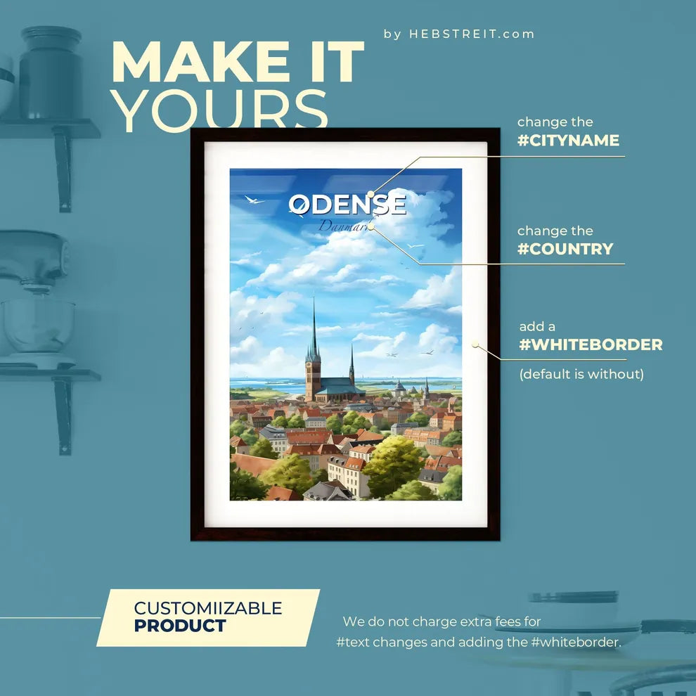 Odense Danmark Skyline - A City With A Church And Trees - Customizable Travel Gift Default Title