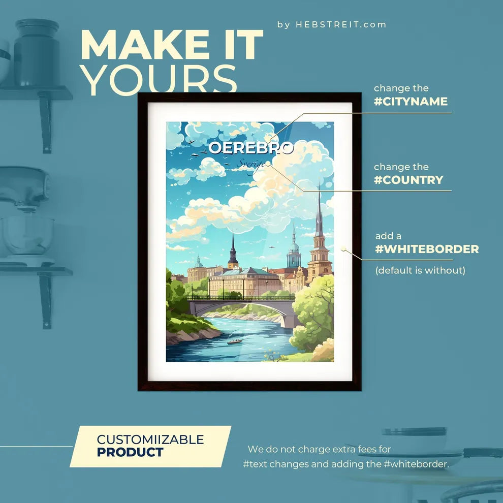 Oerebro Sverige Skyline - A Bridge Over A River With Trees And Buildings - Customizable Travel Gift Default Title