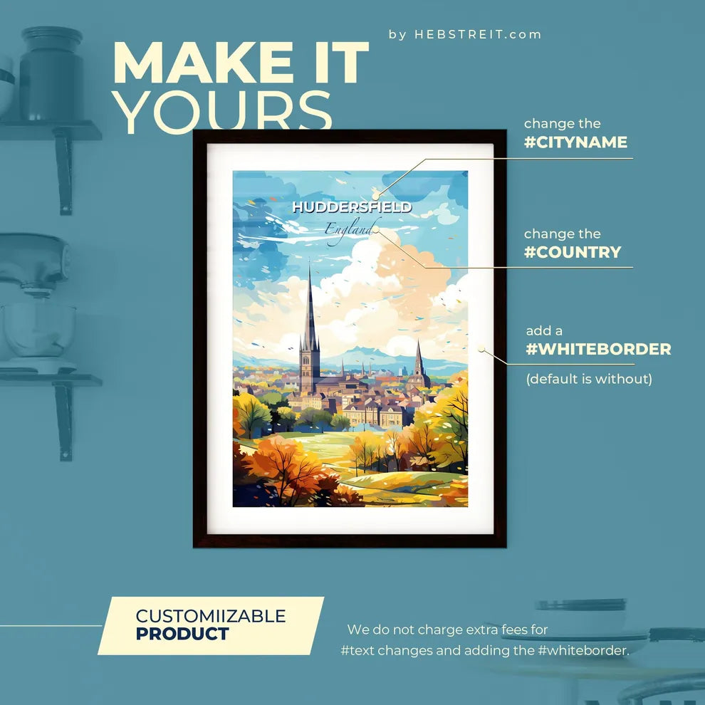 Huddersfield England Skyline - A City With A Tall Tower And Trees - Customizable Travel Gift Default Title