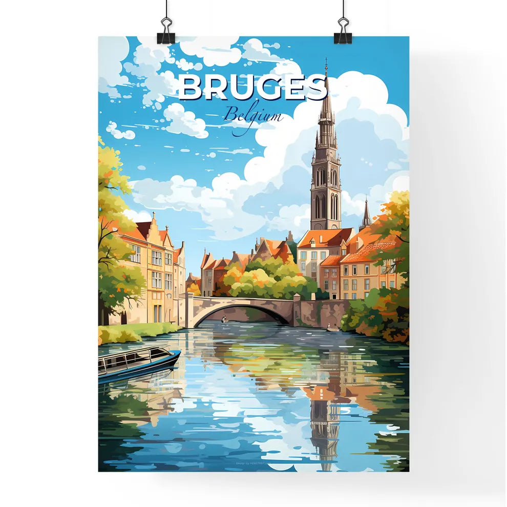 Bruges Belgium Skyline - A River With A Boat And A Tower In The Background - Customizable Travel Gift Default Title