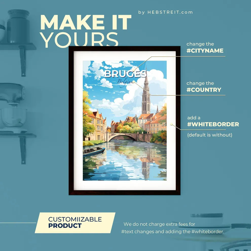 Bruges Belgium Skyline - A River With A Boat And A Tower In The Background - Customizable Travel Gift Default Title