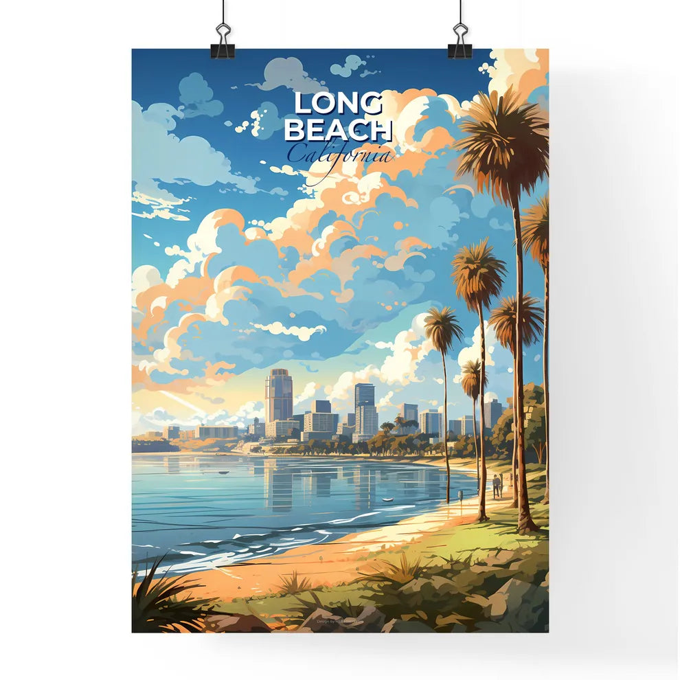 Long Beach California Skyline - A Beach With Palm Trees And A City In The Background - Customizable Travel Gift Default Title