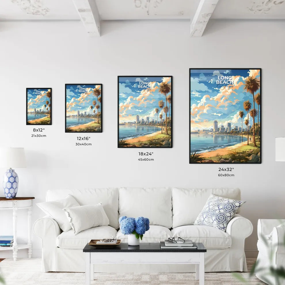 Long Beach California Skyline - A Beach With Palm Trees And A City In The Background - Customizable Travel Gift Default Title
