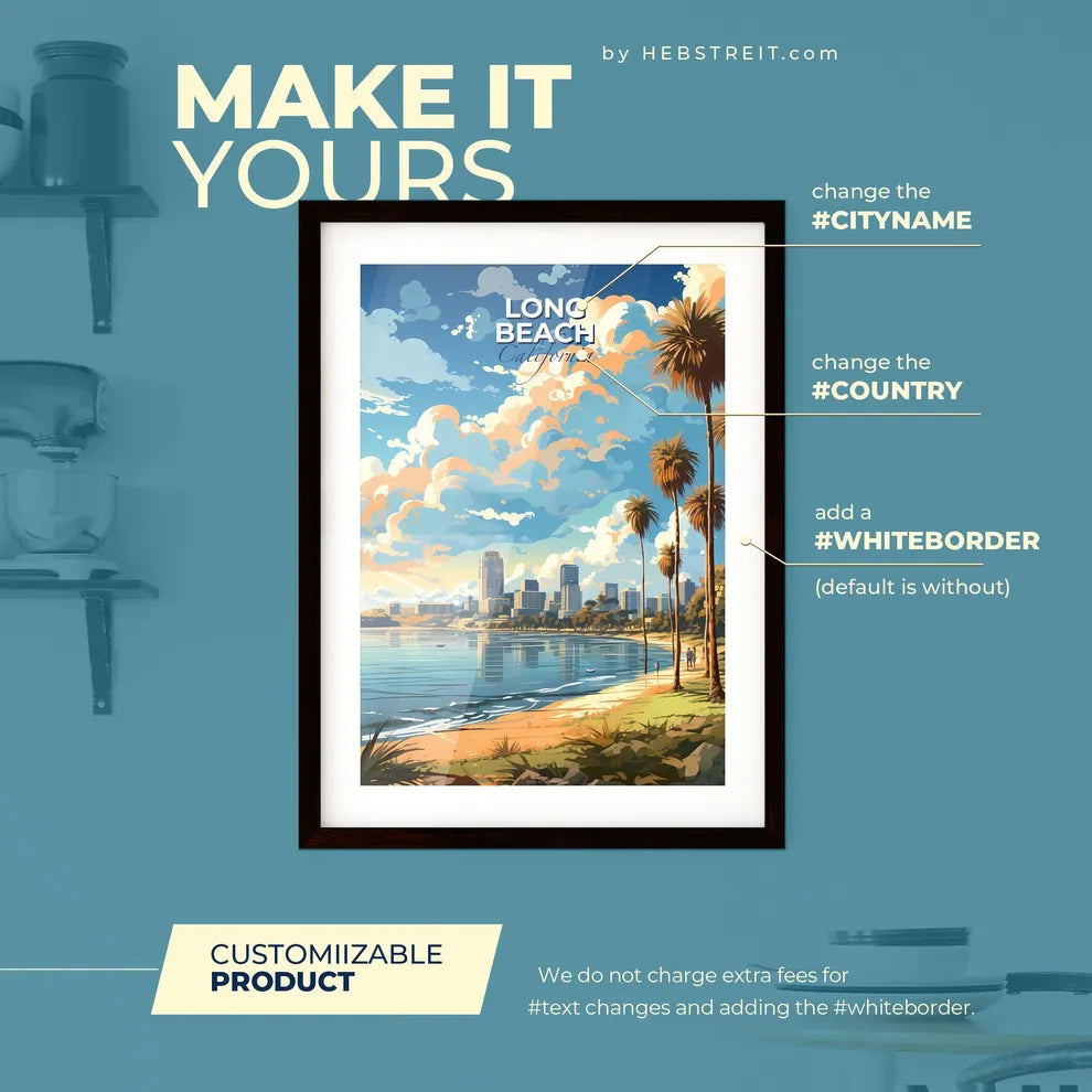 Long Beach California Skyline - A Beach With Palm Trees And A City In The Background - Customizable Travel Gift Default Title