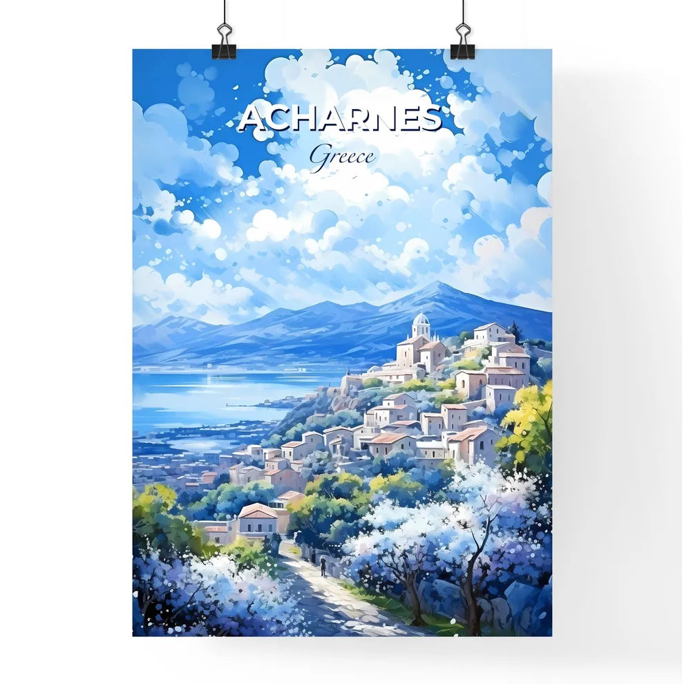 Acharnes Greece Skyline - A Painting Of A Town On A Hill With Trees And Mountains In The Background - Customizable Travel Gift Default Title