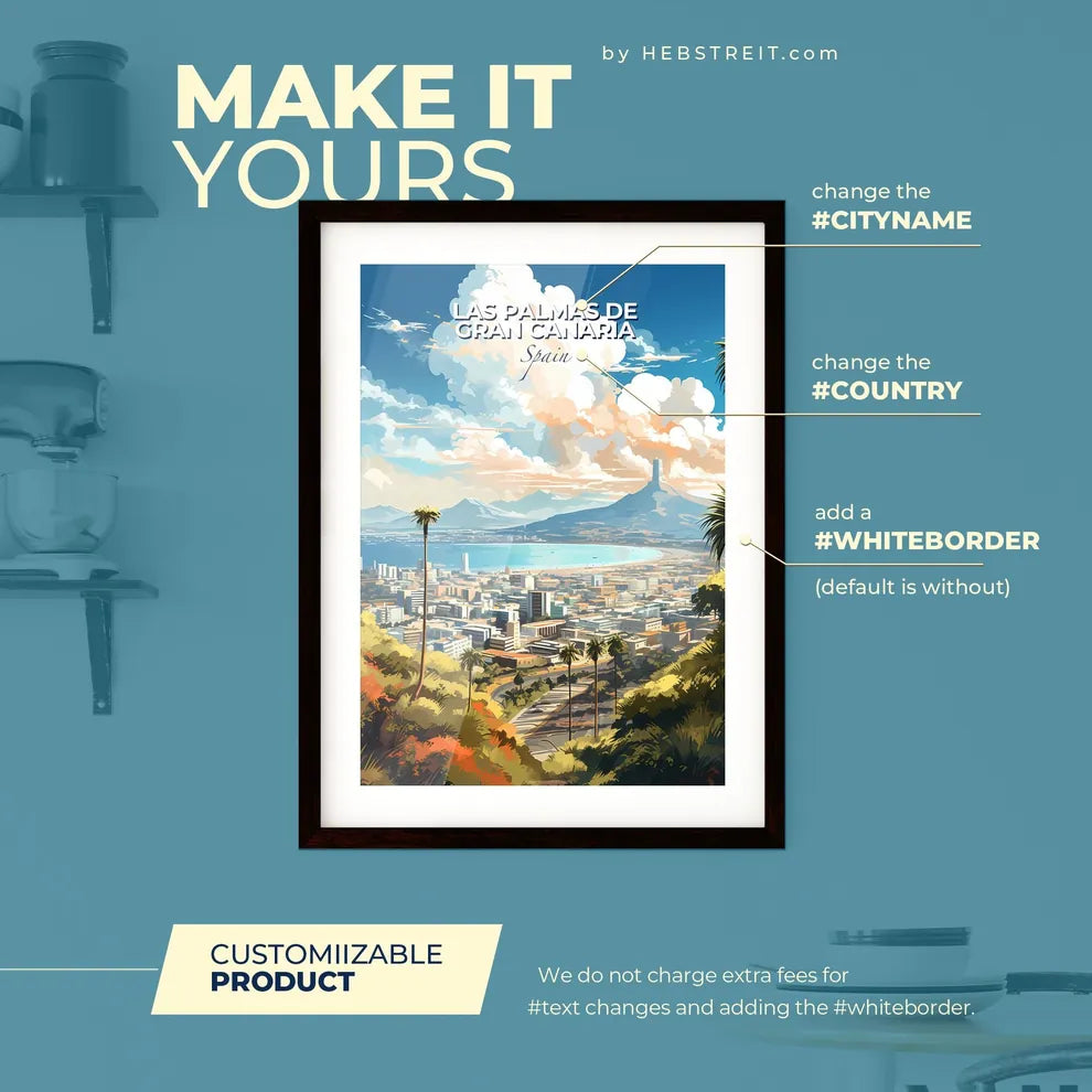 Las Palmas de Gran Canaria Spain Skyline - A Landscape Of A City With Palm Trees And A Mountain In The Background - Customizable Travel Gift Default Title