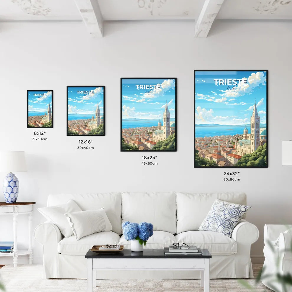 Trieste Italy Skyline - A Building With A Steeple And A Large Tower On A Hill Above A City - Customizable Travel Gift Default Title