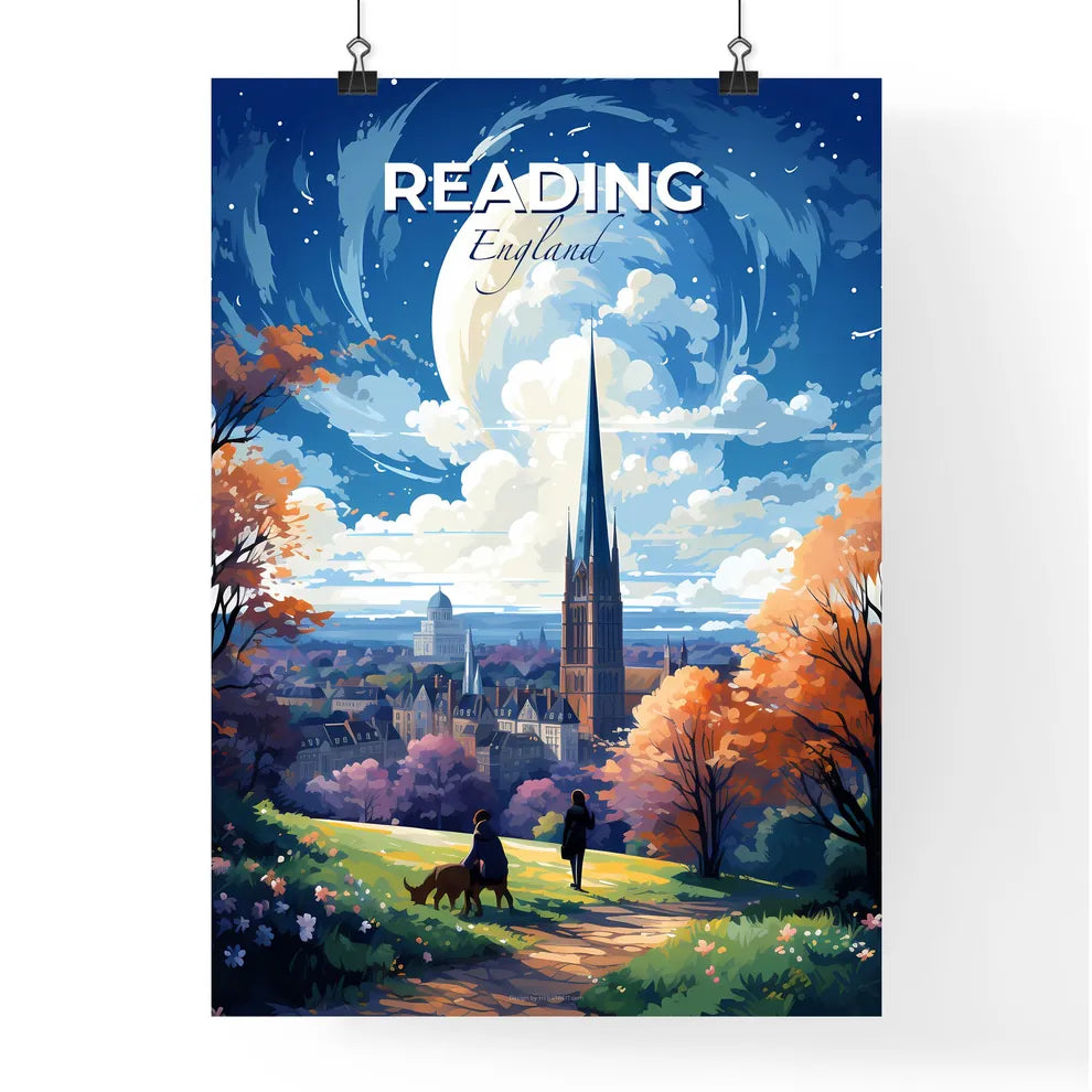Reading England Skyline - A Painting Of A City With A Tall Spire And A Couple Of People Walking - Customizable Travel Gift Default Title