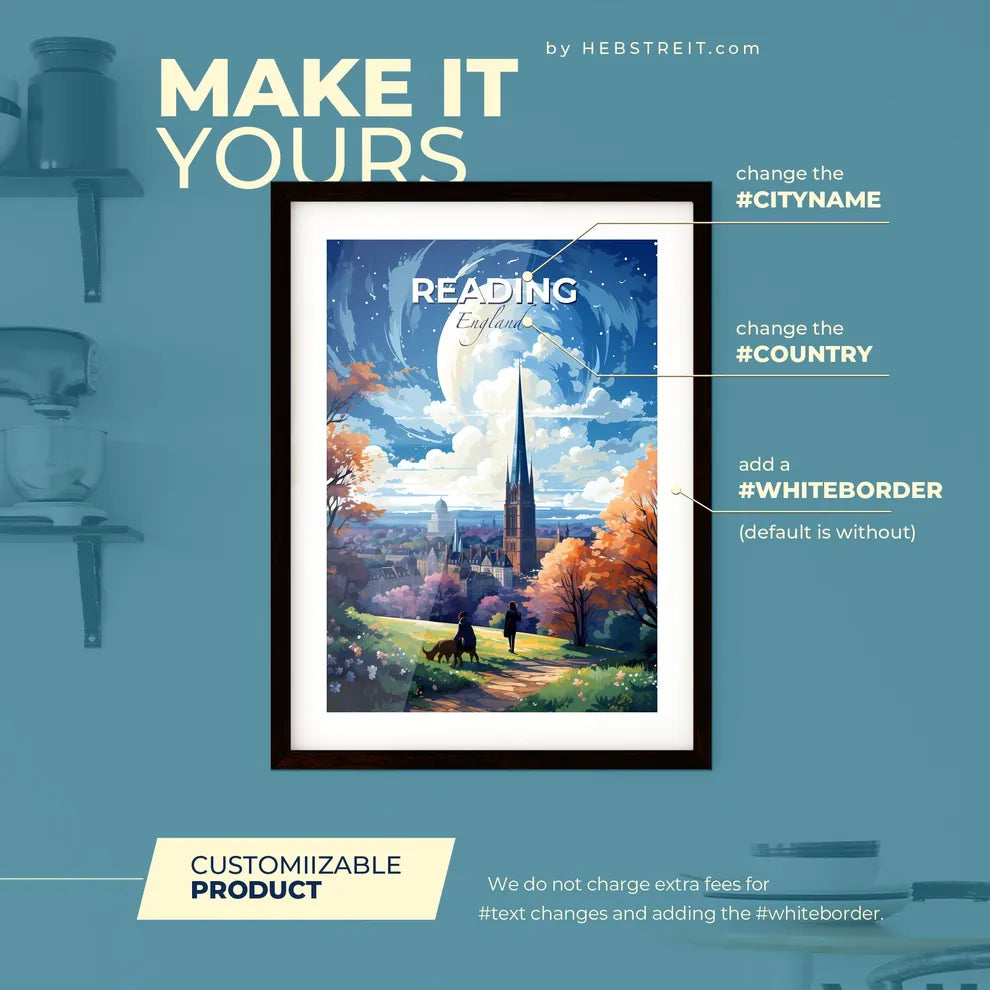 Reading England Skyline - A Painting Of A City With A Tall Spire And A Couple Of People Walking - Customizable Travel Gift Default Title