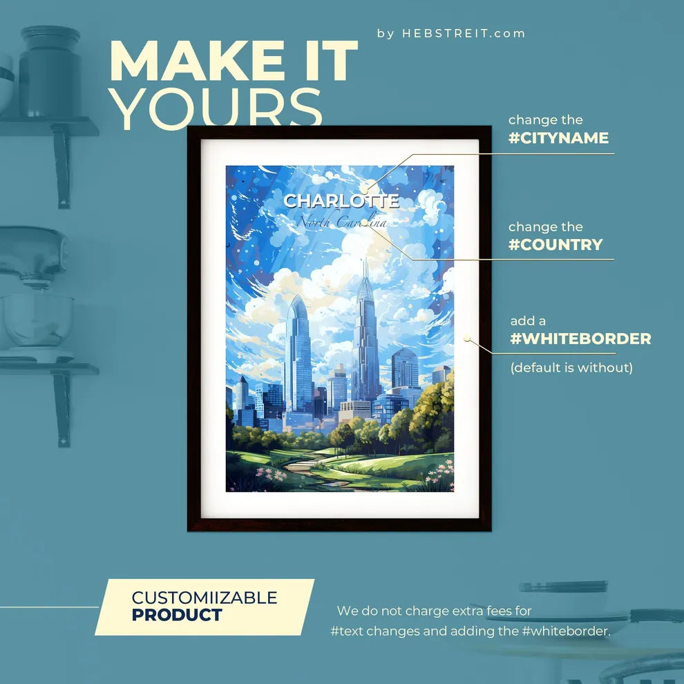 Charlotte North Carolina Skyline - A City Landscape With Trees And Clouds - Customizable Travel Gift Default Title