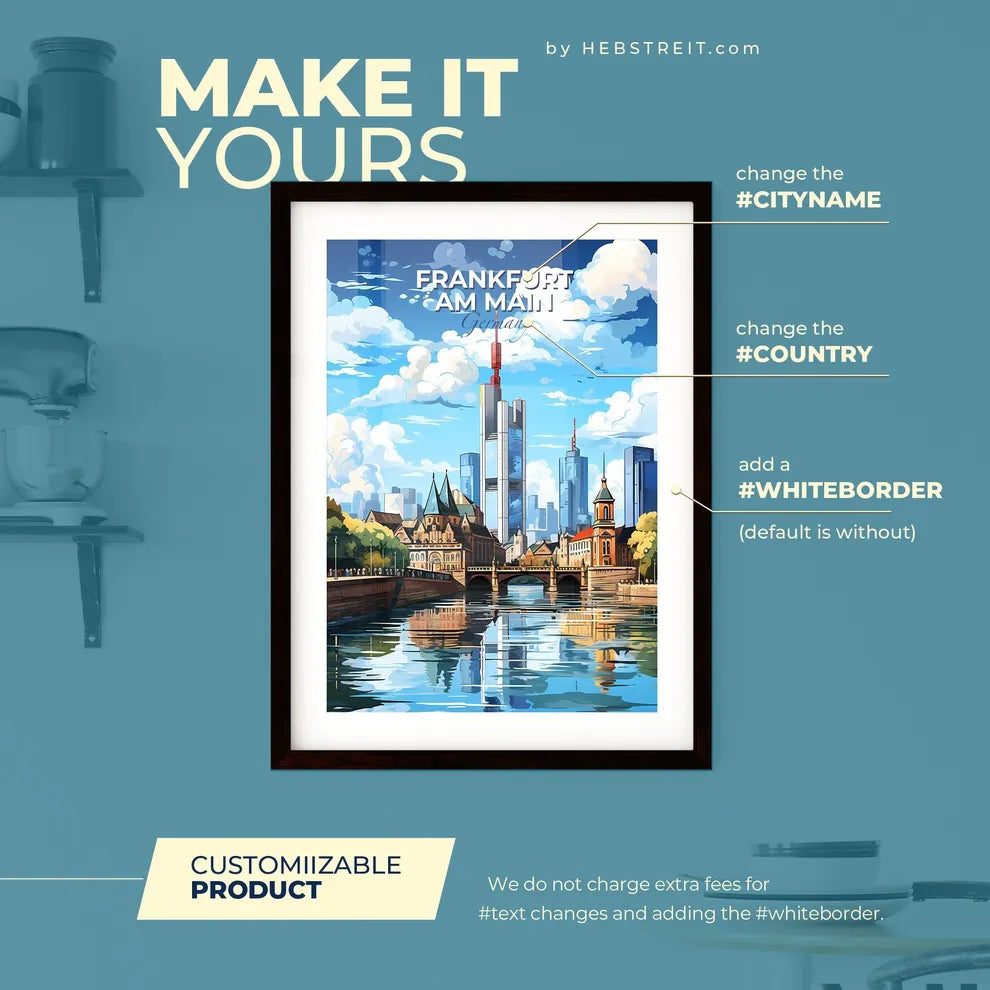 Frankfurt am Main Germany Skyline - A River With A Bridge And Buildings In The Background - Customizable Travel Gift Default Title