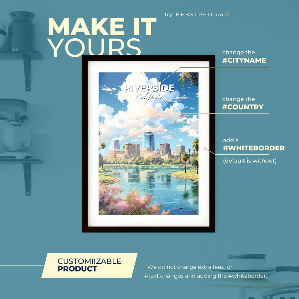 Riverside California Skyline - A Water Body With Trees And Buildings In The Background - Customizable Travel Gift Default Title