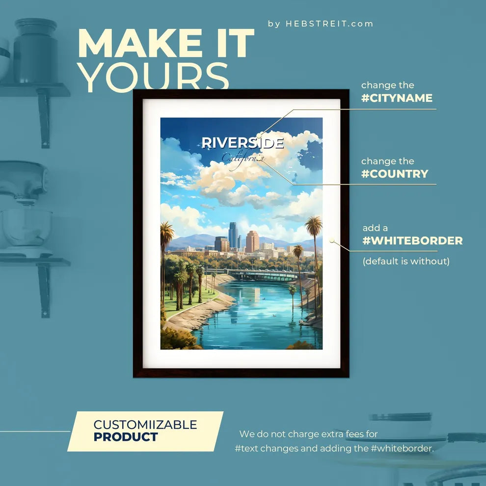 Riverside California Skyline - A River With Palm Trees And A Bridge In The Background - Customizable Travel Gift Default Title