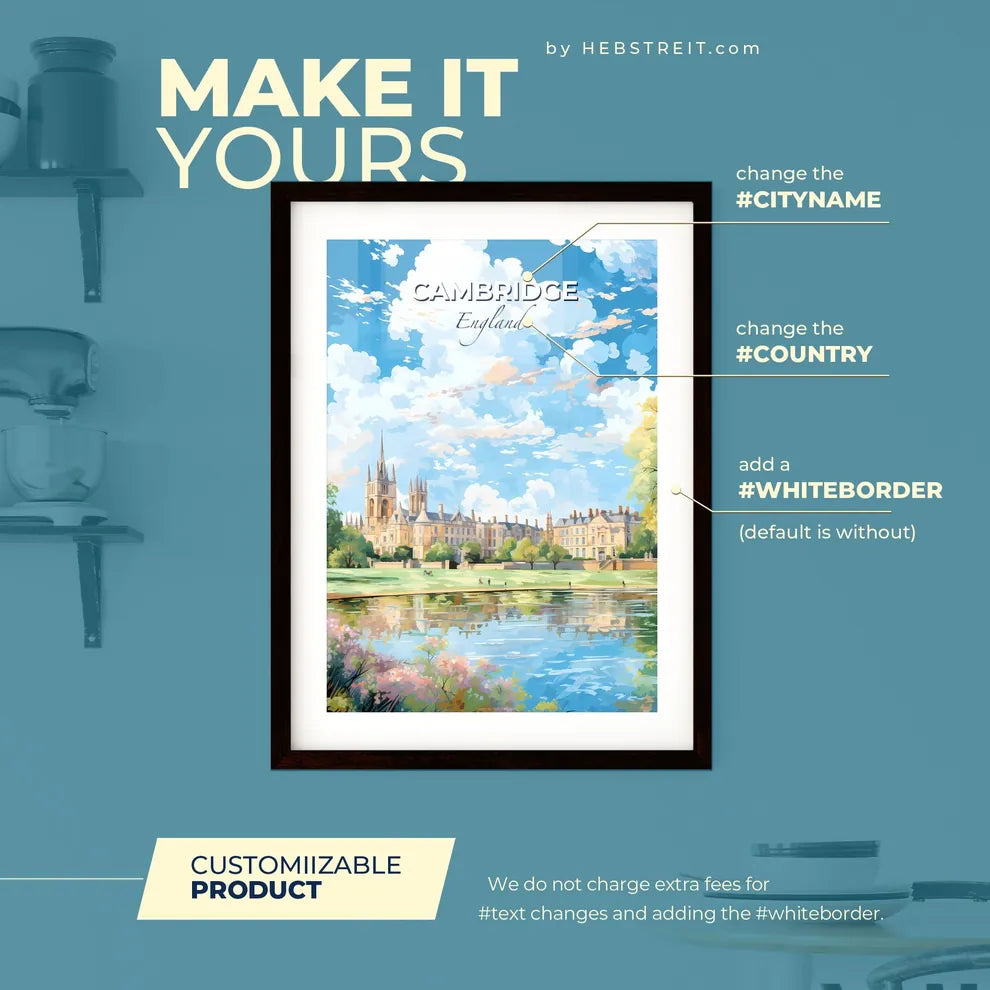 Cambridge England Skyline - A Water Body With Trees And Buildings In The Background - Customizable Travel Gift Default Title